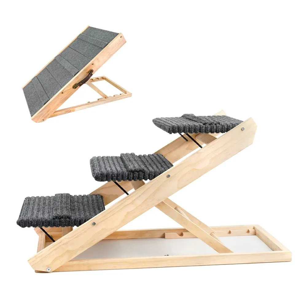 Dog Stair 3 Levels Height Adjustable Pet Ramp Non-Slip Thicken Carpet Pet Ladder Wooden Dog Ramp For Dog Cat Truck Car