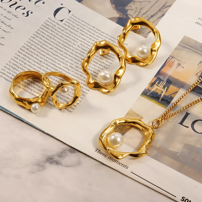 New Design Irregular Shape Jewelry Set 18k Gold Plated Stainless Steel Geometric Irregular Pearl Ring Earrings Necklace