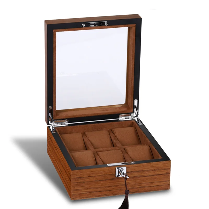 Luxurious 12 slots watch boxes & cases with stainless steel lock flexible suede pillow wood pattern finished glass top display