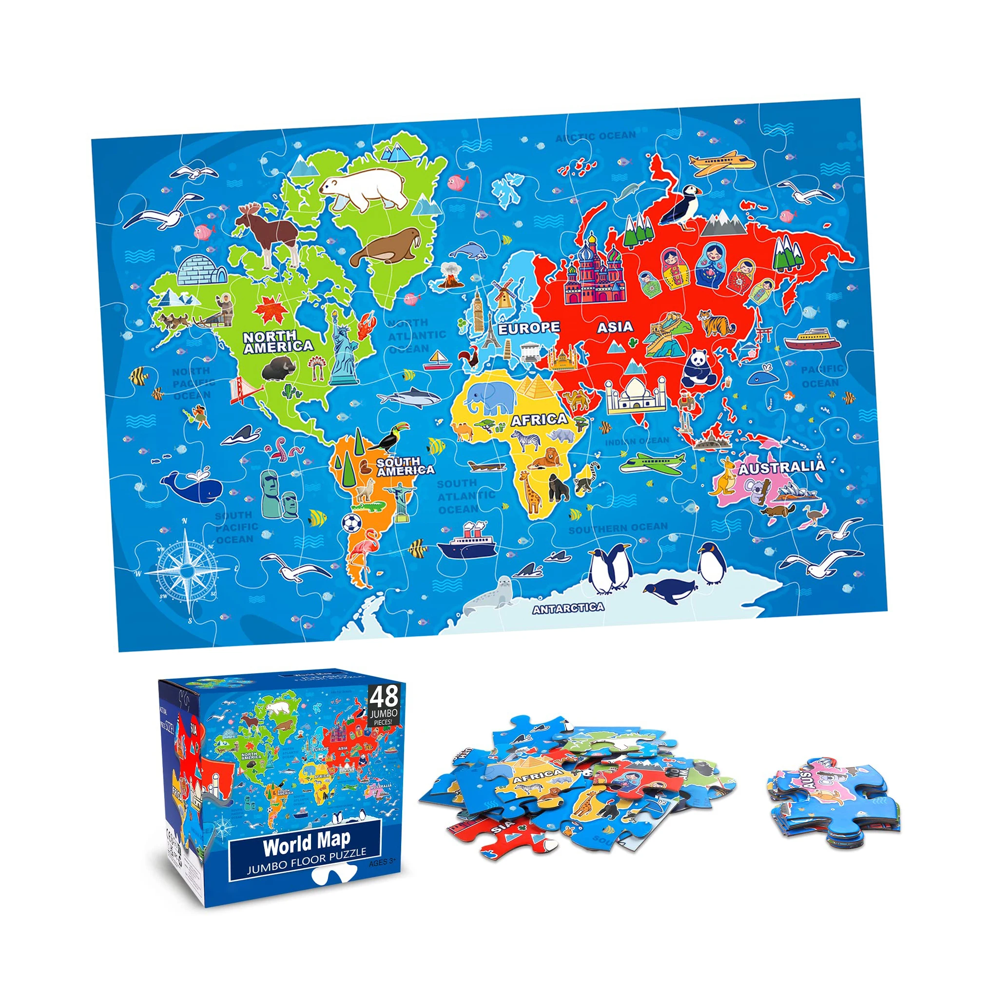 Wholesale Custom Large 48 Pieces World Map Geography Jigsaw Puzzles Globe Atlas Floor Puzzle for Kids