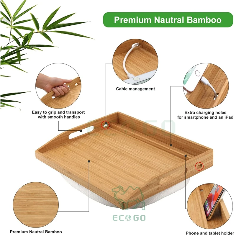 Bamboo Serving Tray with Handle and Pillow, Lap Tray for Laptop, Tablet, Phone, Food Serving Table for Coffee, Breakfast