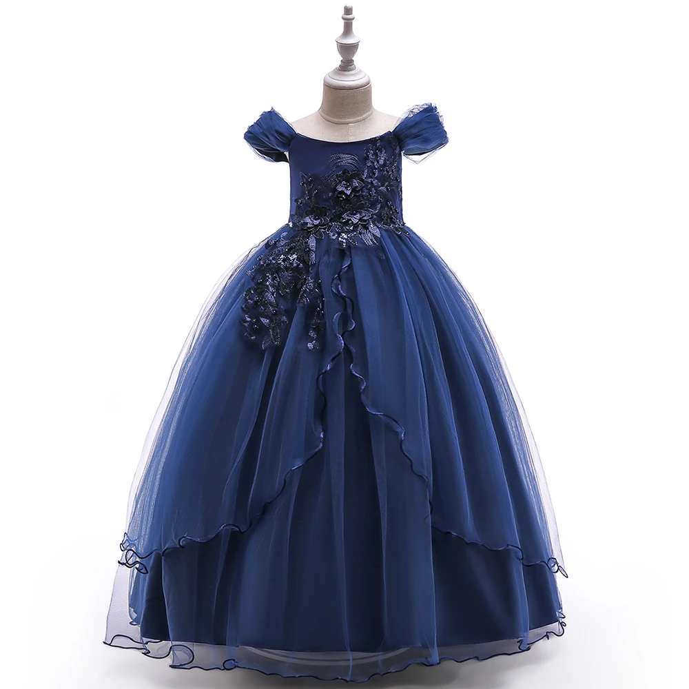 Designs Long Party Gowns Floral Princess Flower Girl Tulle Birthday Dress 3-15 Years One shoulder Kids Gown