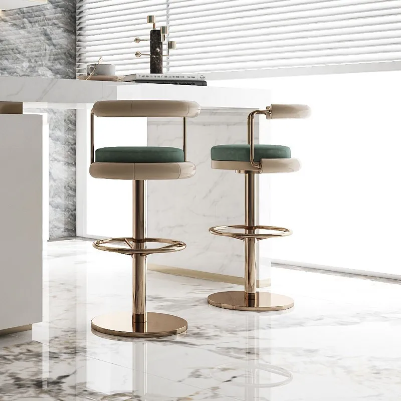Polished Stainless Steel stationary meta foot Pedal Golden wooden High back Bar chair stool upholstered velvet fabric cushion