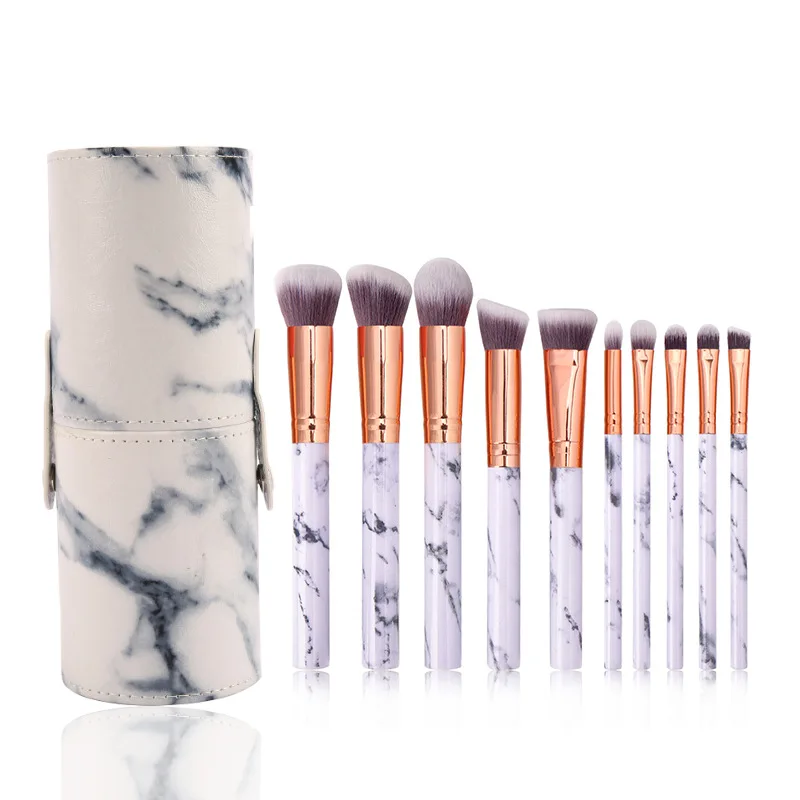 HMU Professional Make Up Brush Set Natural Gemstone Kabuki Cheap 10pcs Marble Handle Makeup Brushes With Case