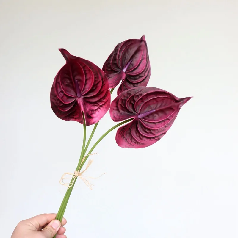 KEWEI-J666 4 Heads PU Anthurium Flower Bouquet Dark Red Real Touch Flowers Artificial Anthurium