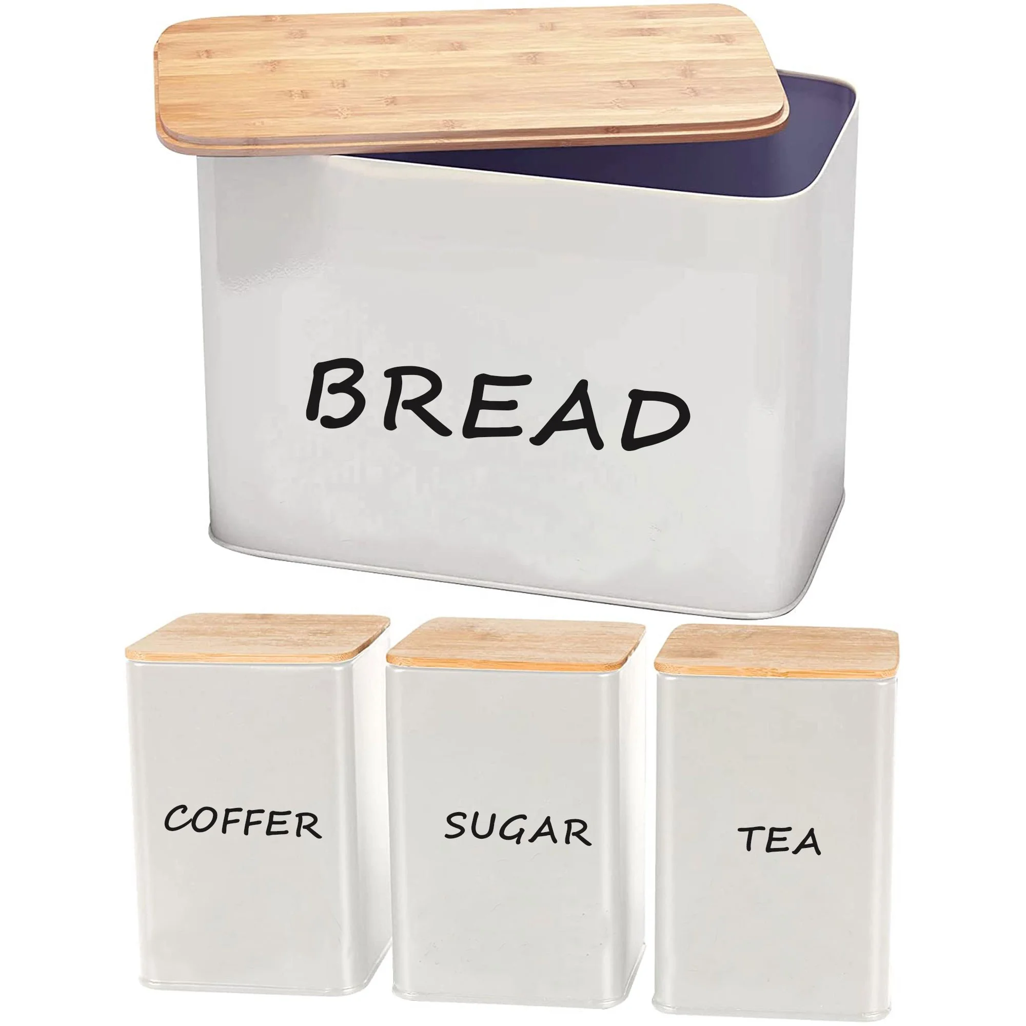 Extra Large Space Saving Cream Metal Bread Box and Canister Set For Kitchen Bread Tea Coffee Sugar Storage