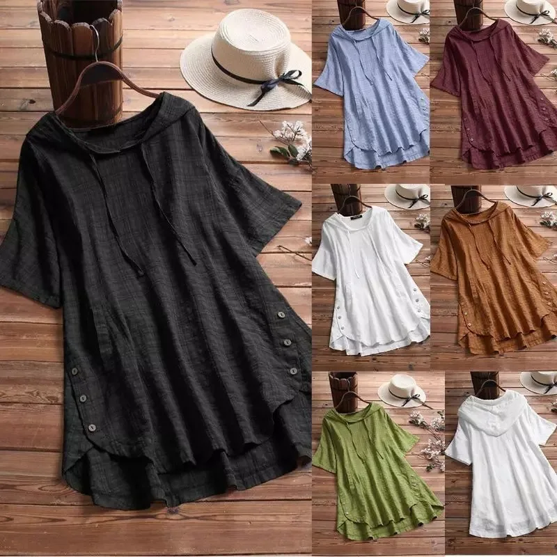 Round Neck Cotton Linen Blouse Women Plus Size Loose Short Sleeve Long Blouses Top Female Irregular Hem Shirt Blouse