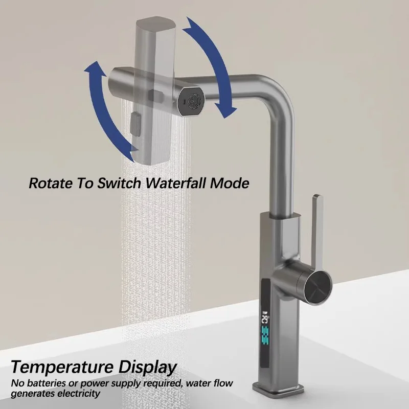 LED Kitchen Faucet Temperature Display Kitchen Sink Faucet Pull-out Three Mode Kitchen Taps Cold Hot Water Mixer Tap Hydropower