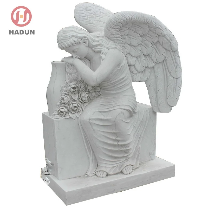 white marble carving life size kneeling angel garden statue