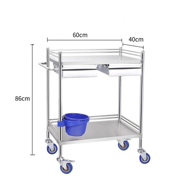 Stainless steel medical trolley Hospital instrument table nurse trolley with two drawers