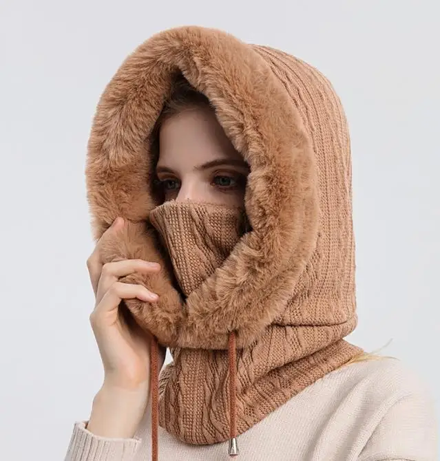 2022 winter woman hooded hats custom chunky thermal fleece balaclava ski hat