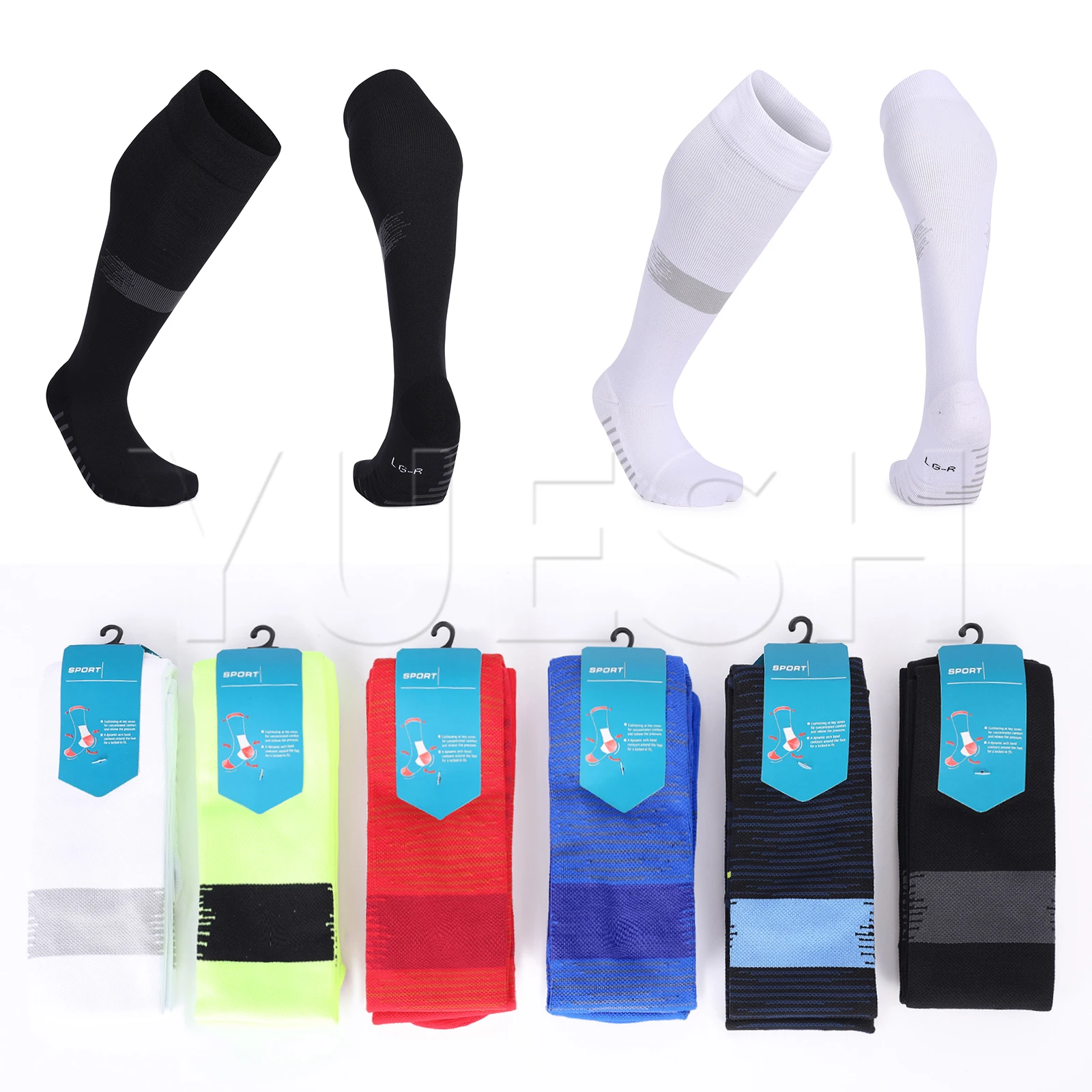 Men Sport Football Socks Plain Knee High Sport Socks full polyester striped soccer socks