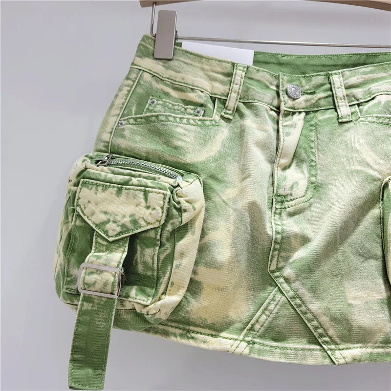 Vintage Denim Shirts Cargo Skirt Fashion Low Waist Mini A-line Jean Skirt With Pockets For Women