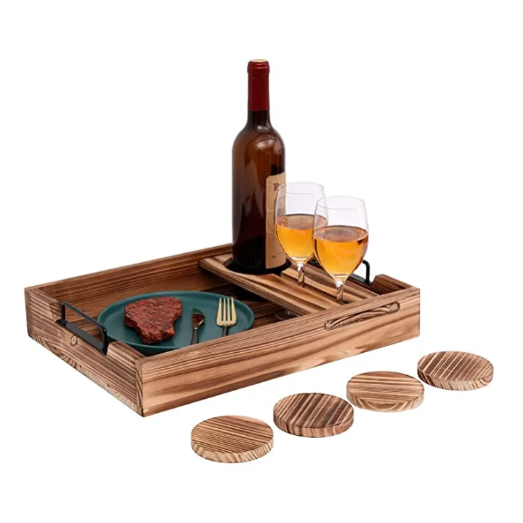 Factory Wholesale Natural Fir Wood Handcrafted New Design Removable Wine Glass Holder Wooden Food Tray