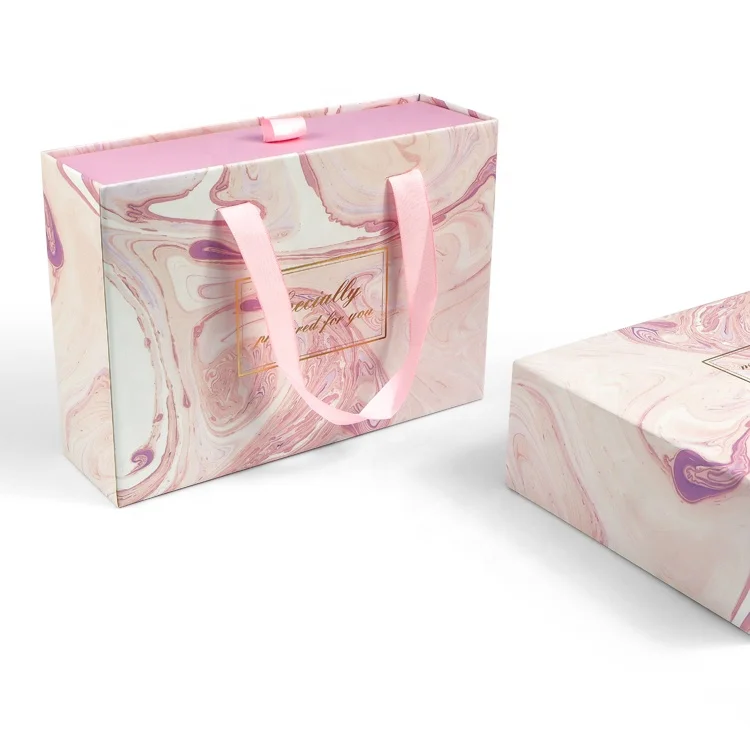 Custom pink luxury cardboard clothing cosmetic sliding paper drawer gift packaging paper boxes with handle with logo packaging