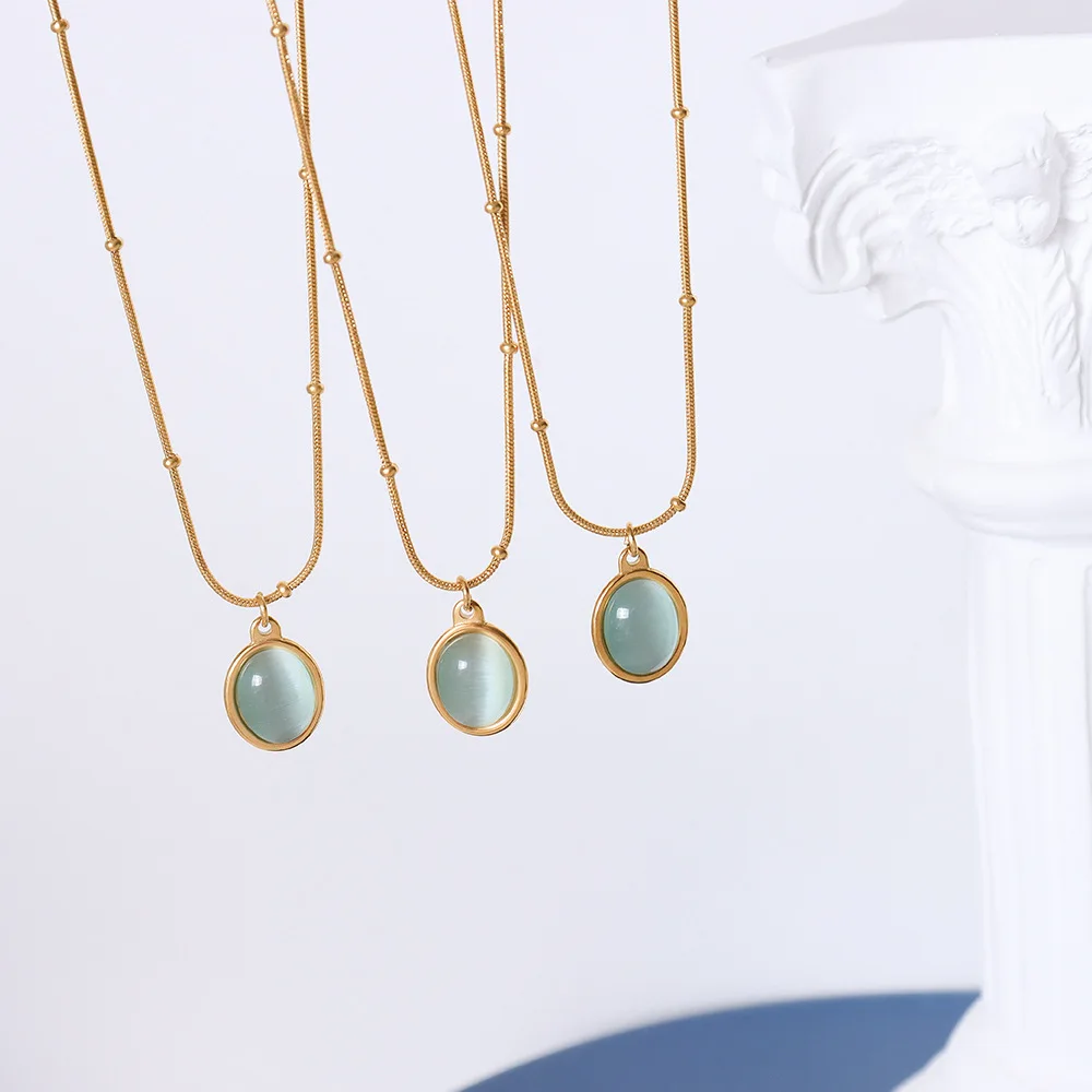 Oval Sky Blue Cymophane Opal 316L Stainless Steel Necklace Clear Stone 18K Gold Plated Necklaces Women French Vintage Jewelry