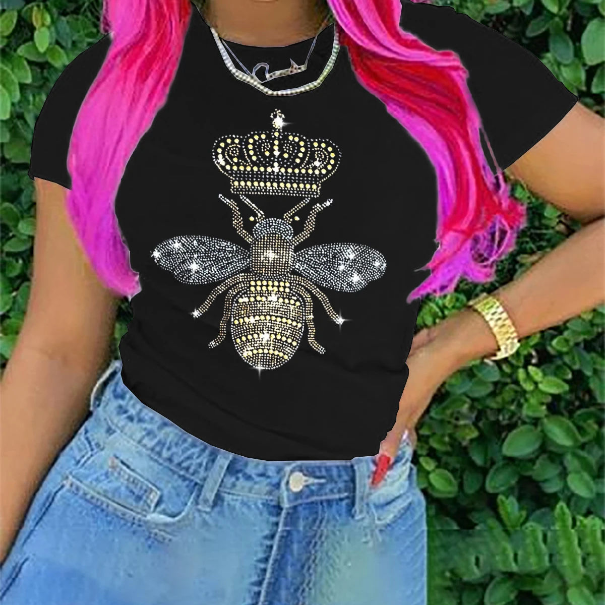 2022 women clothes summer 3d rhinestone polyester plain oversized women t-shirts wholesale