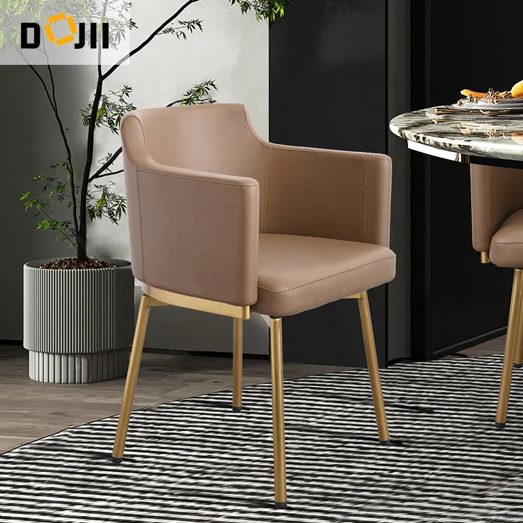 Luxury Mid Century Contemporary Modern European Real Leather-Upholstered Armrest Restaurant Dining Chair