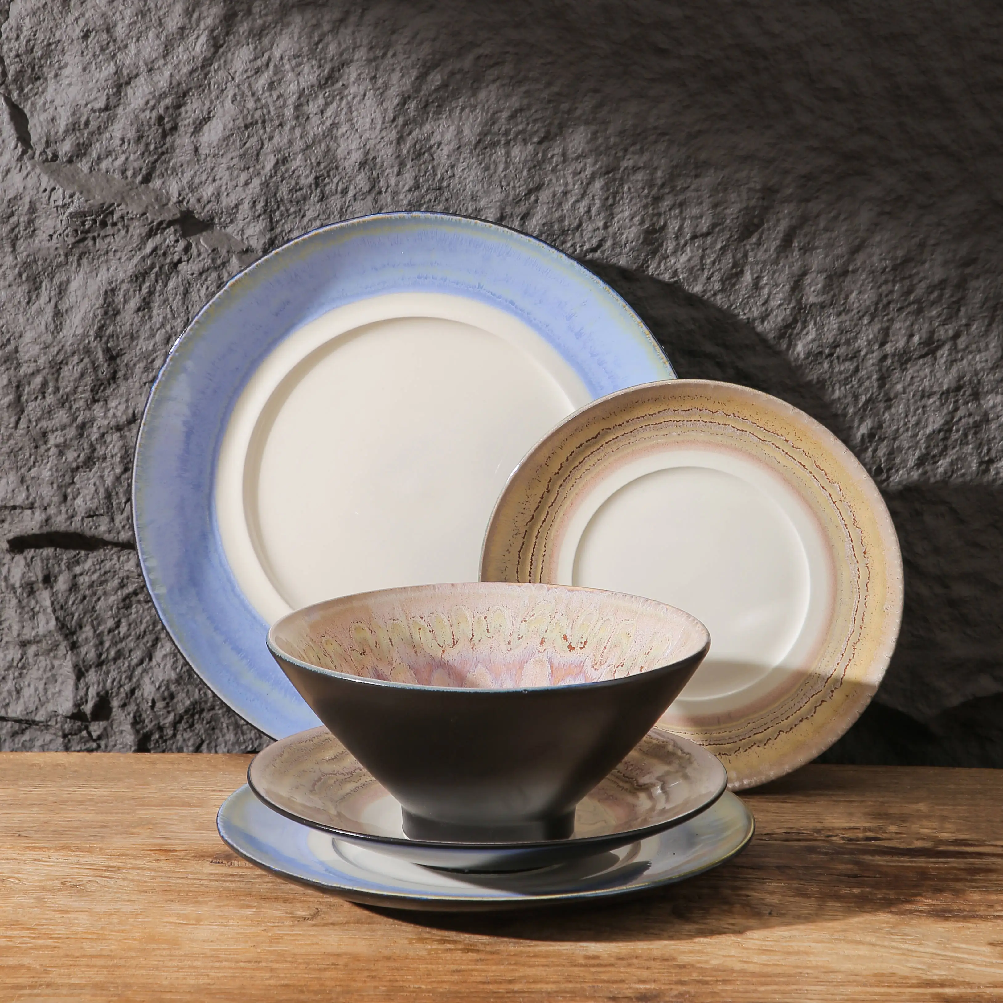 Unique Reactive Glaze Design Custom Home Used Plates Sets Dinnerware Steak Salad Pasta Serving Ceramic Plates