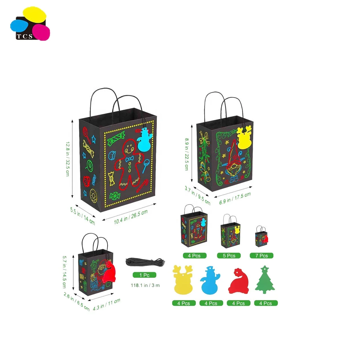 Made in China Glow in The Dark 4 Large/5 Medium/7 Small Christmas Paper Bags With Tags