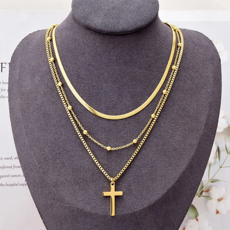 Trendy Stainless Steel 3 Layered Necklaces for Women Gold Plated Box Snake Chain Cross Pendant Necklace Gifts Factory Wholesale
