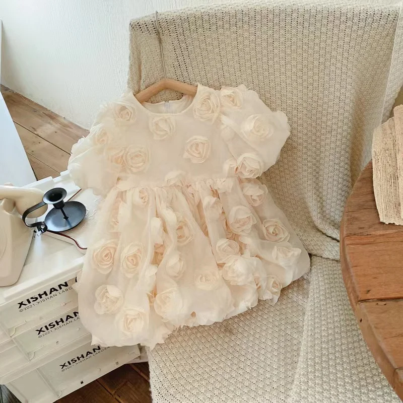 2024 New Flower Girls Party Dress Formal Long Sleeve Lace Ruffle Wedding Dress Children Short Sleeve Beige Kids Dress