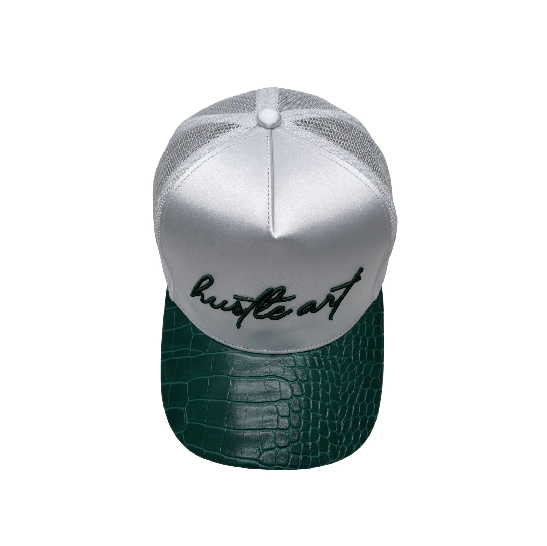 fashion custom high crown mesh back stain 5 panel trucker hat with PU leather brim