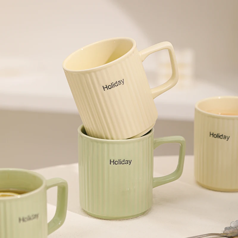 Customizable logo nordic simple vertical stripe white colored porcelain breakfast latte cup coffee mug ceramic mugs