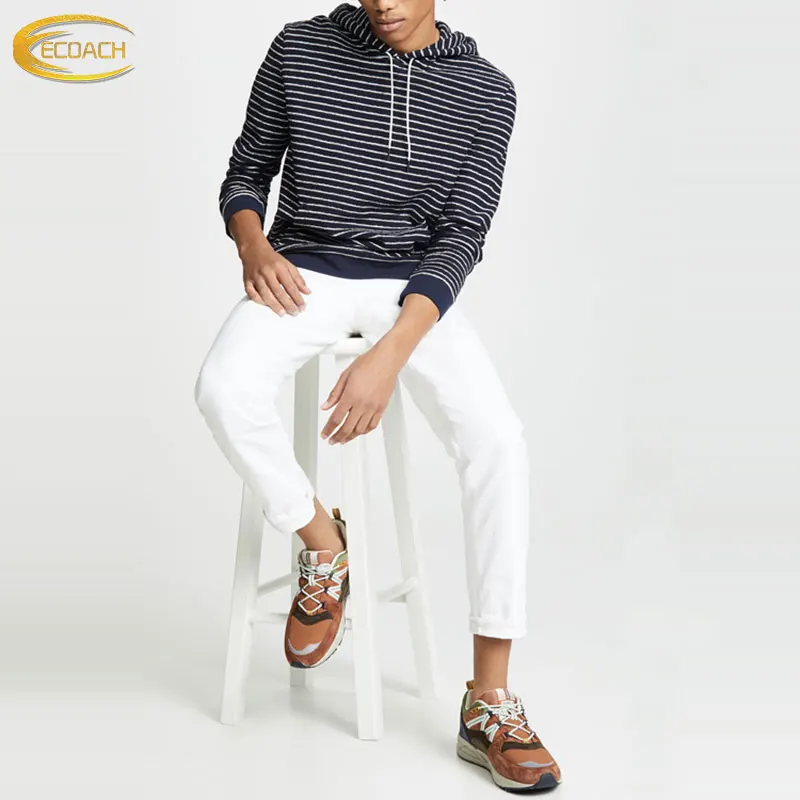 custom Spring Wholesale Custom Logo Long Sleeve Pullover Deep Blue and White Striped Hoodies for Men