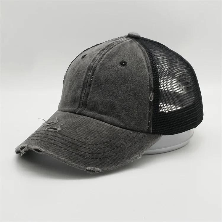 2019 Popular Denim Distressed Worn Out 6panel Mesh Ponytail Baseball Trucker Sports Hats Caps