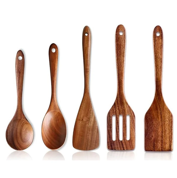 6 Pieces Wooden Spoon Set Cooking Fried Spatula and Salad Fork Acacia Wooden Kitchen Utensils Set for Non-stick pan