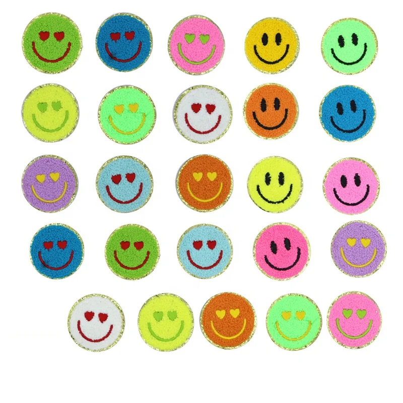 Shenglan Happy Face Patches Smiley Iron On Patches For Clothes Jackets Jeans Hats Backpacks DIY Decorations(Gold Edge)