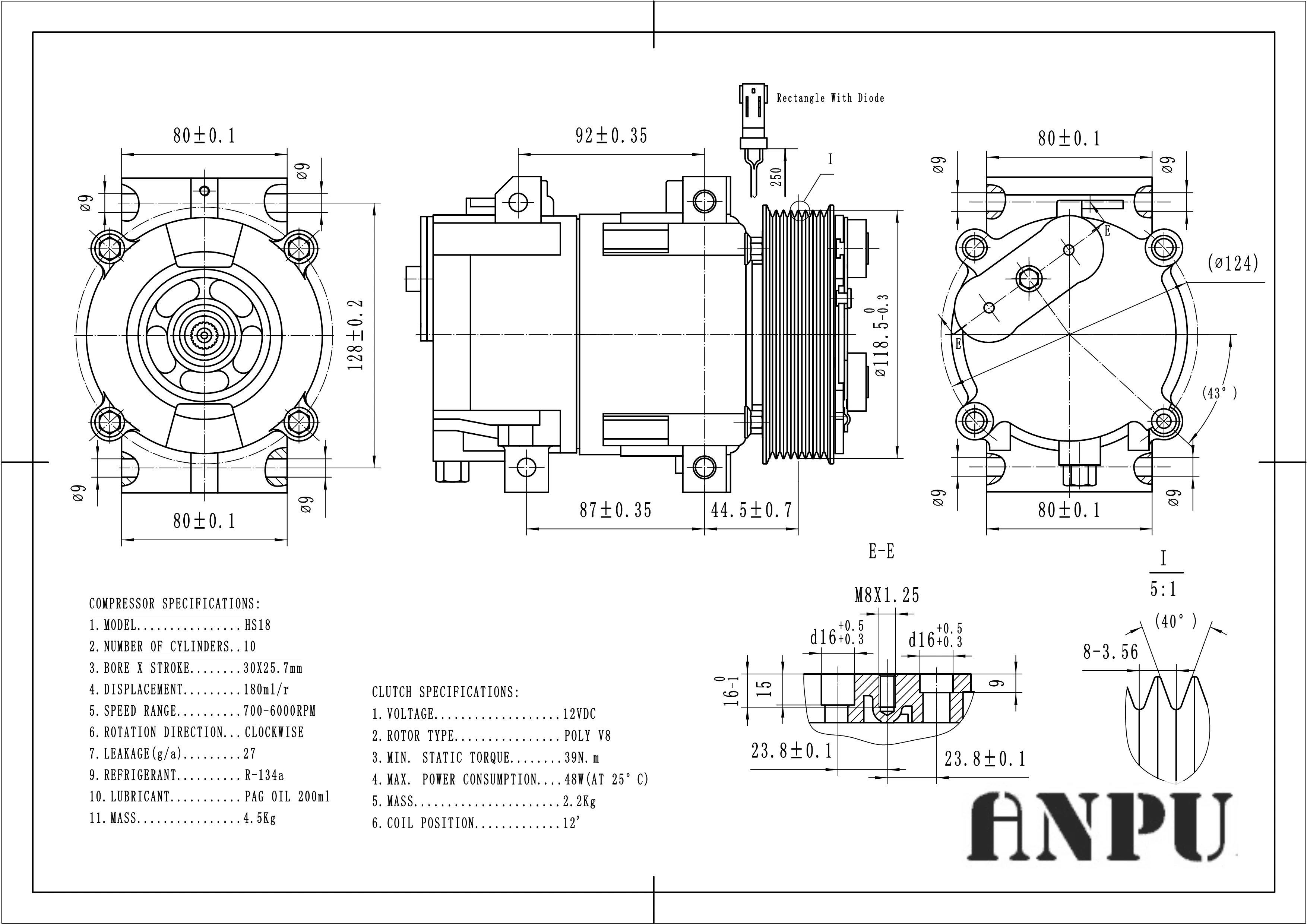 china manufacture auto ac compressor HS18 compressor for 8PK 118MM 68182
