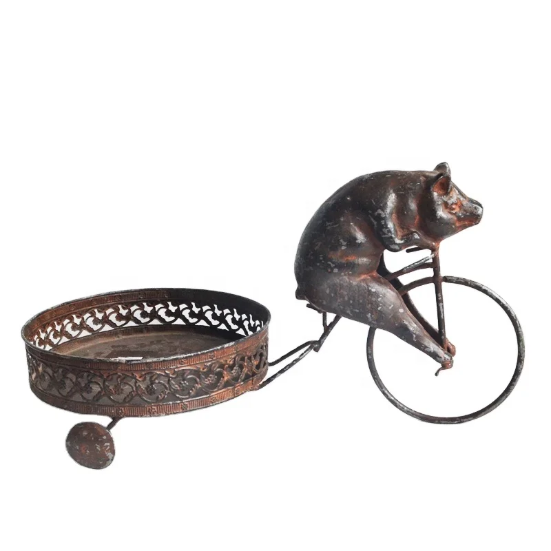 Metal pig on bicycle planter holder, Cast iron decorative flower pot stand