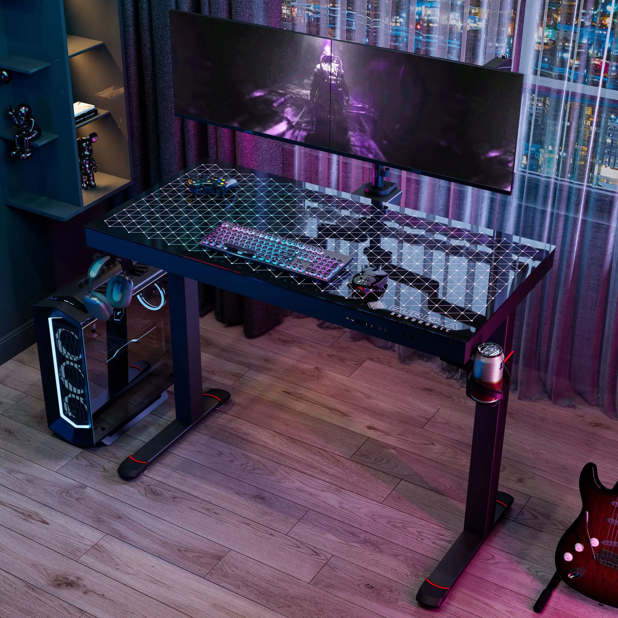 Music Sync RGB LED Lights Up Glass Gaming Standing Desk, Electric Height Adjustable Sit Stand Home Office Computer Studio Table