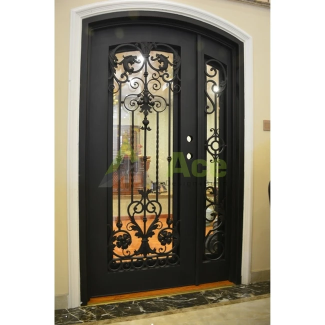 China manufacturer house main entry door exterior rustic arch decorative double wrought iron entrance front doors
