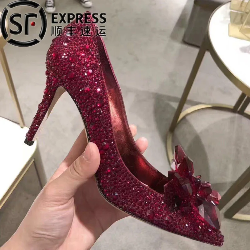 2021 заостренные стразы высокие каблуки Золушка стеклянные тапочки туфли на шпильке сексуальные свадебная обувь для подружки невесты женские