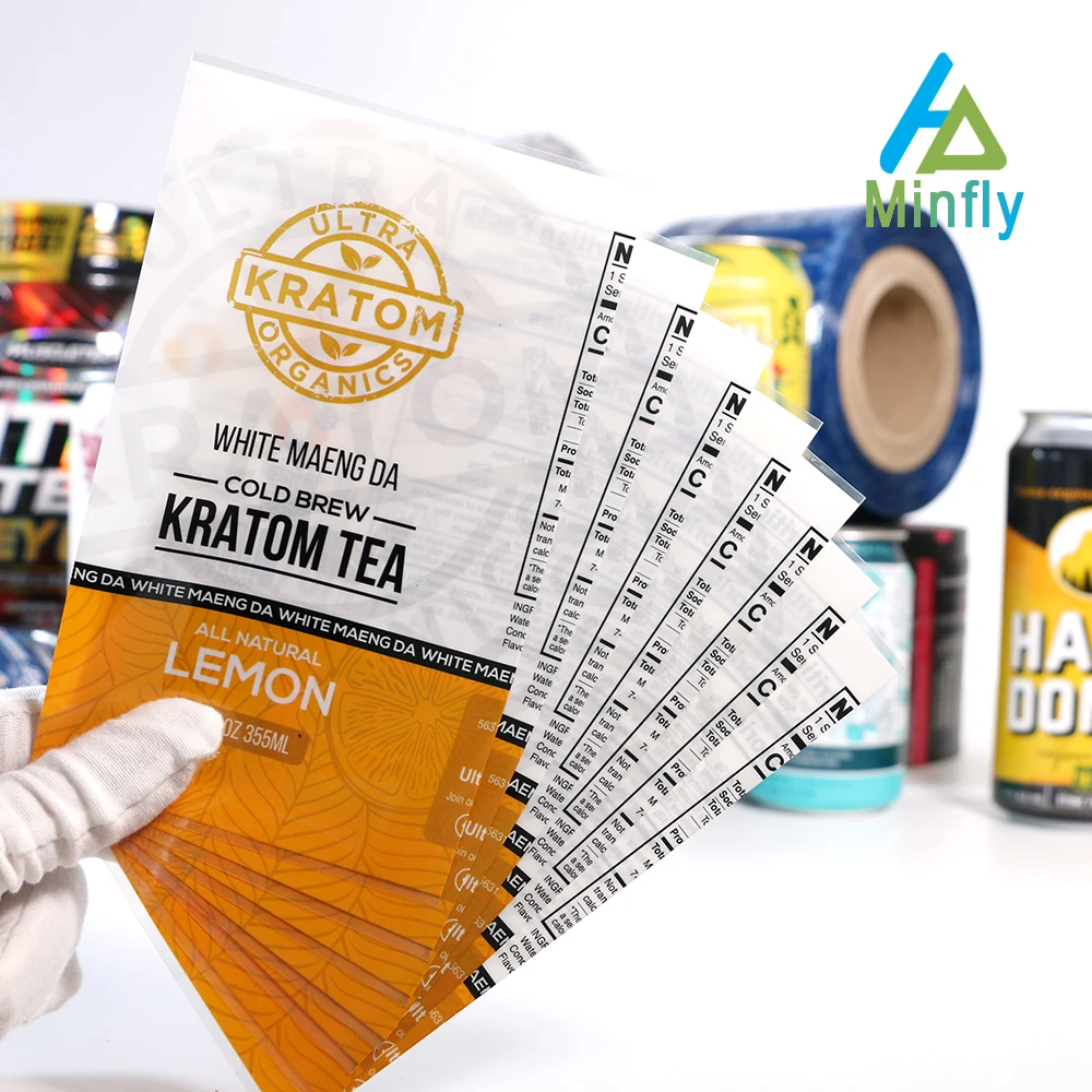 Minfly Digital Printing Custom PET PVC Heat Shrink Sleeve Label for 8oz 12oz 16oz 330ml 500 ml Bottle Cans Beverage Packaging