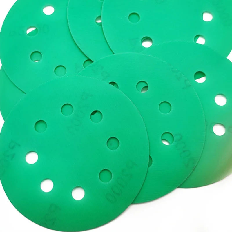 High Quality 5 Inch 8 Holes 125 mm Abrasive Sanding Disc Green Polyester Film Sandpaper for Sanding Backing Hook and Loop Pad