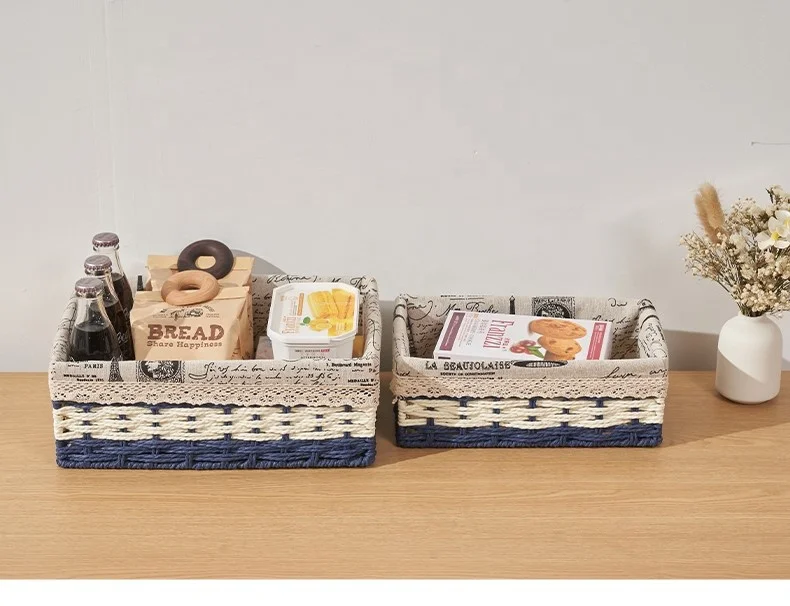 Hand-Woven Paper Rope Storage Basket Metal Desktop Cosmetics Coffee Table Storage Box Cloth Cover Hanging Wicker Basket