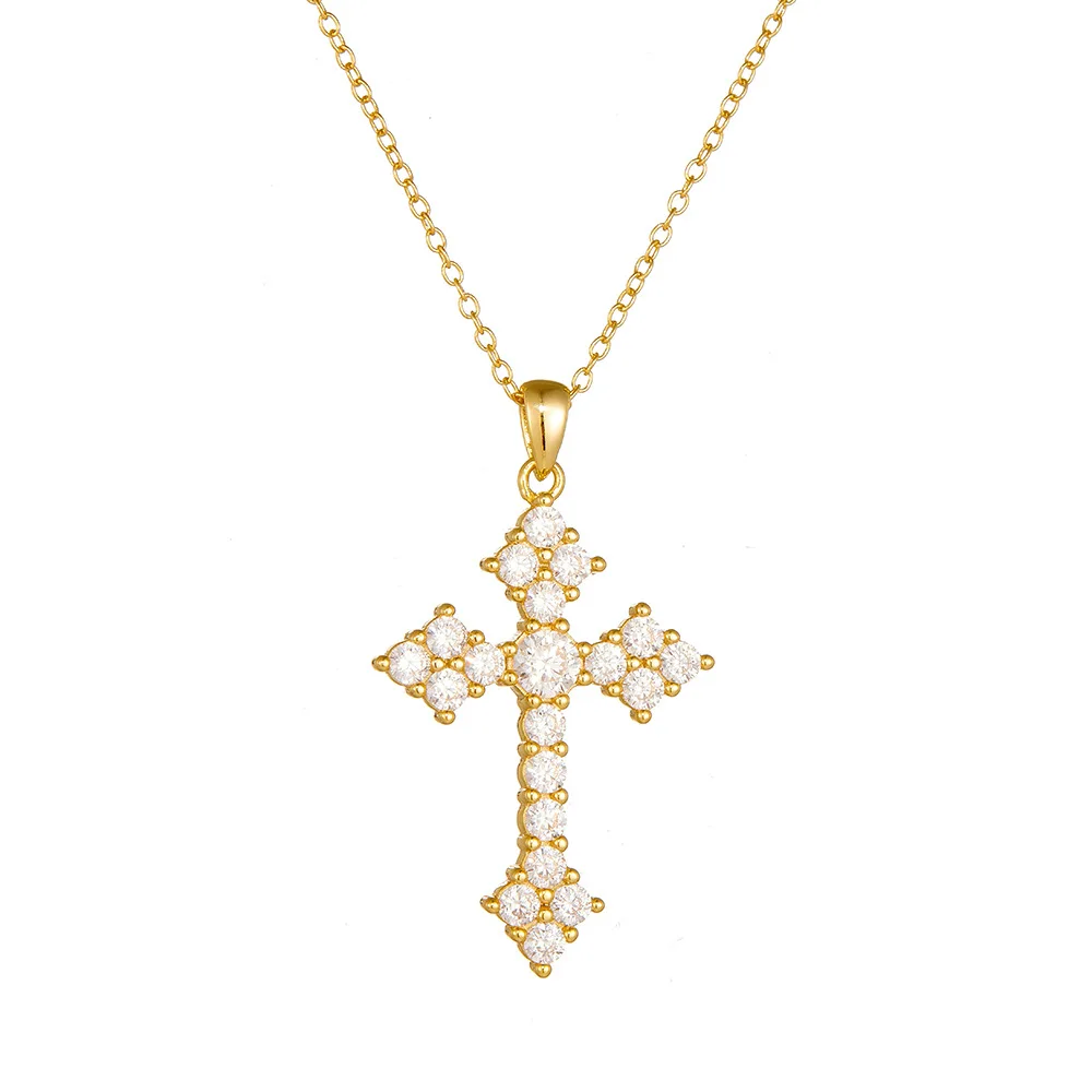 Personalized Hip-Hop Unisex Cross Necklace 925 Sterling Silver Gold-Plated Full Diamond 5A Cubic Zirconia Sweater Clavicle Chain