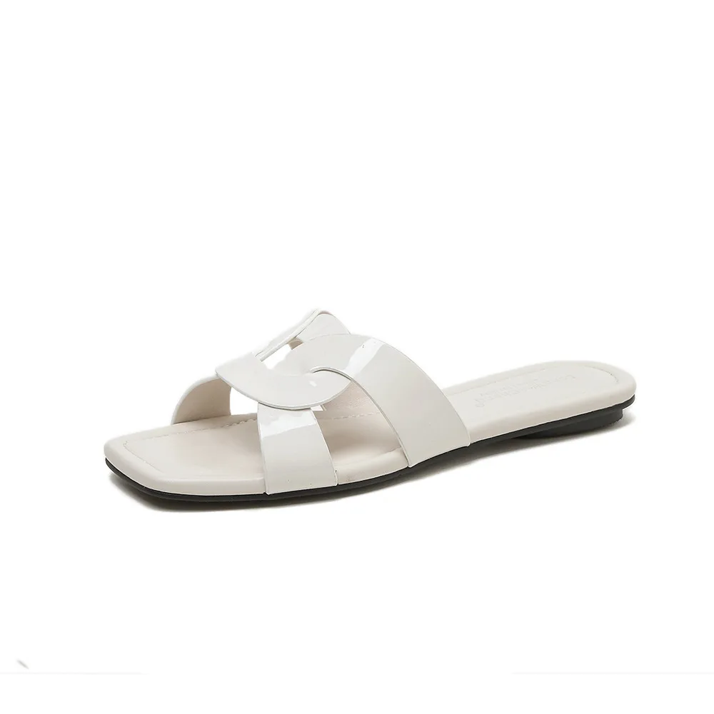 Cross-Woven Slippers Heels for Ladies 2022 Patent Leather Women Rubber Slippers Square-Toe Beach Hollow Plane Slipper