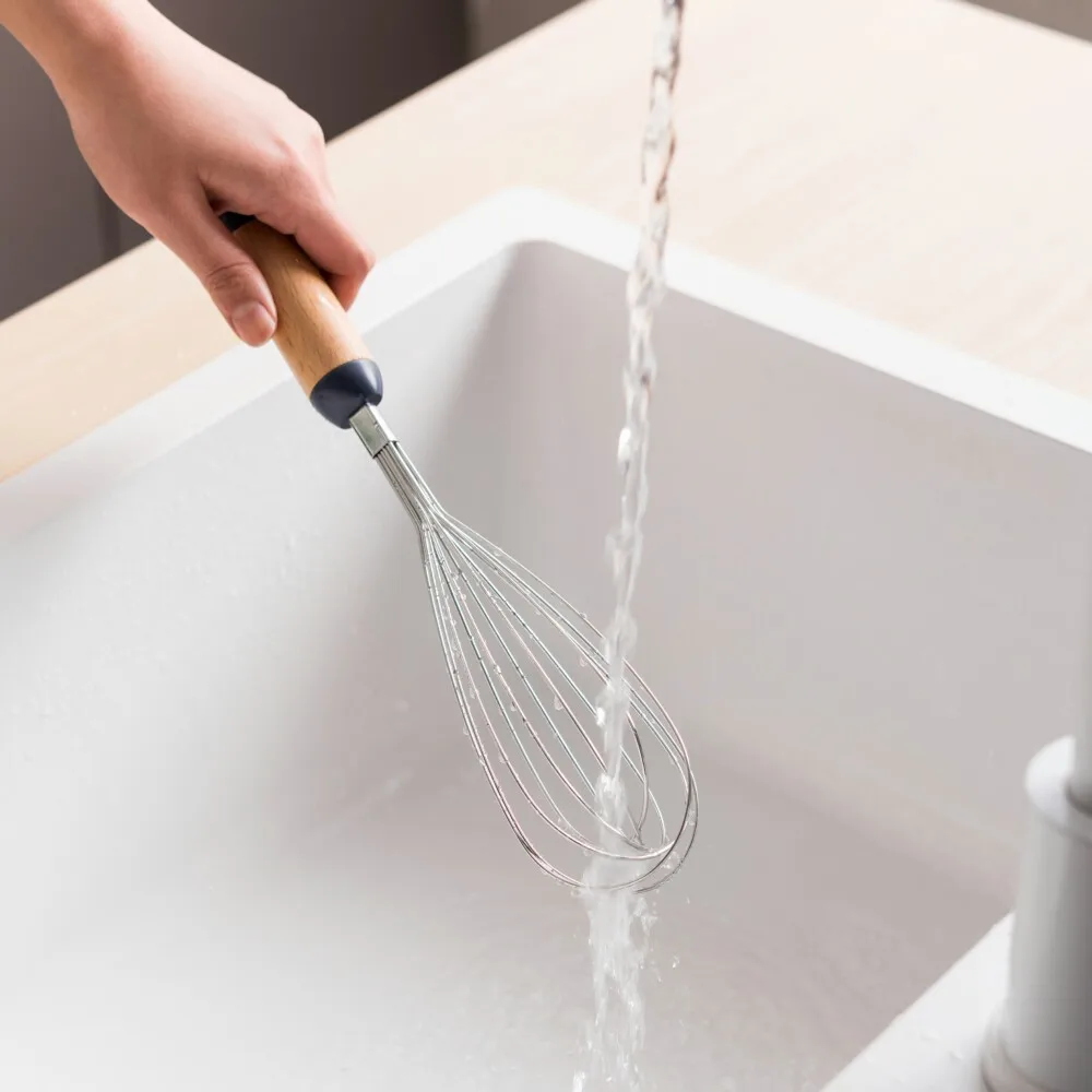 Pinmoo, классический дизайн, ручной венчик для яиц из нержавеющей стали с ручкой из бечевой древесины