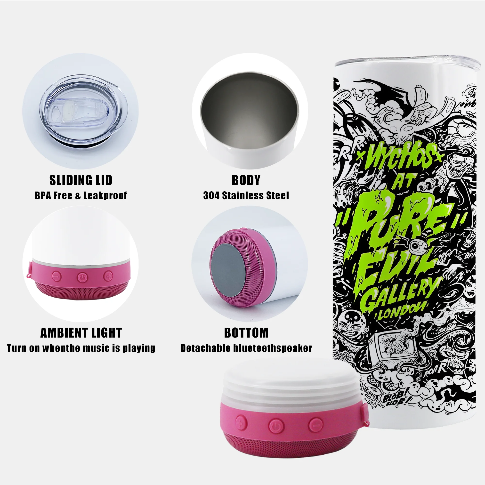 Sublimation Blanks USB Charging Stainless Steel Insulated Wireless 20oz Sublimation Tumbler with Bluetooth Speaker