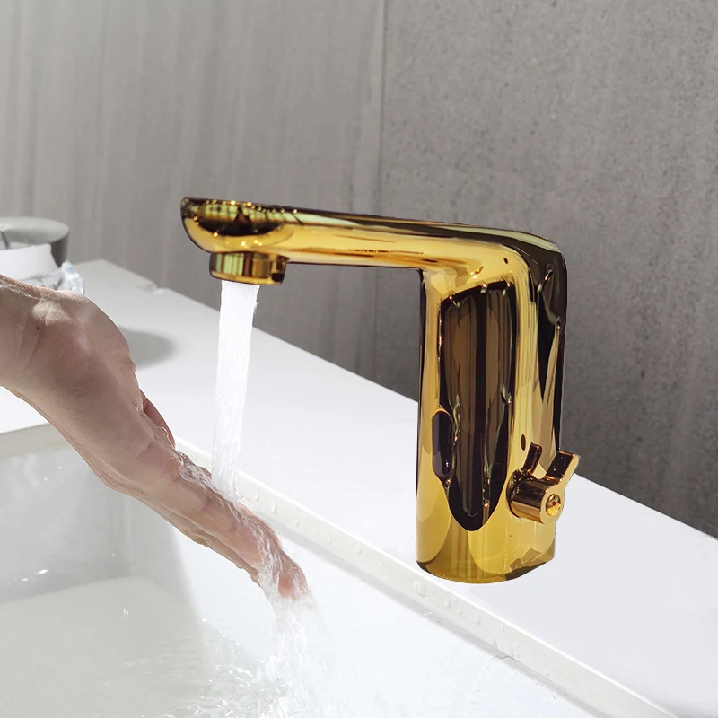 Automatic basin faucet  deck mounted Golden color  polished full brass mixer water ac /dc  battery power  grifo con sensor