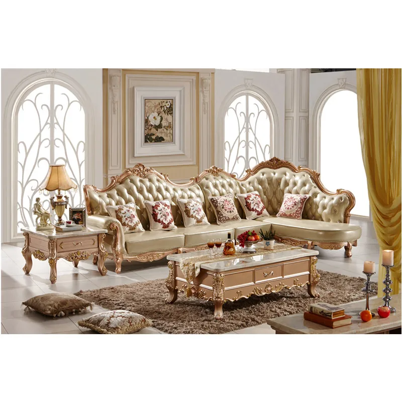 European furniture royal luxury solid wood antique living room home villa Genuine Leather sofa cama set