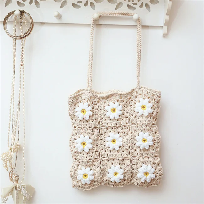 Fancy Hot Style Handmade Floral Knitting Crochet Yarn Net White Daisy Flower Pattern Tote Handbag
