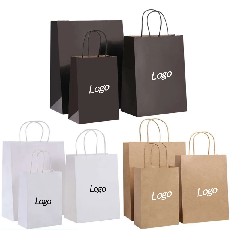 Promotional wholesale reusable custom printing luxury brown white  restaurant food takeaway packaging kraft paper bag handle