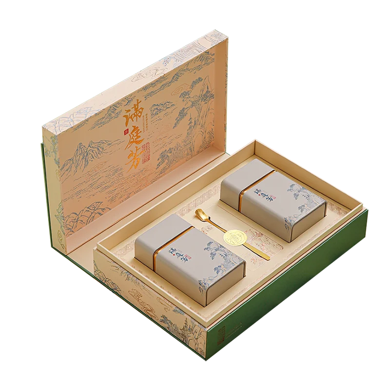 Empty Can Square Sealed Tea Tin Box Metal Storage Box Jar Paper Magnetic Folding Gift Packaging Box with 2 Tin Can