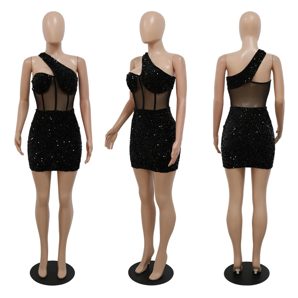 C13165 sexy sequin one shoulder sleeveless womens dress